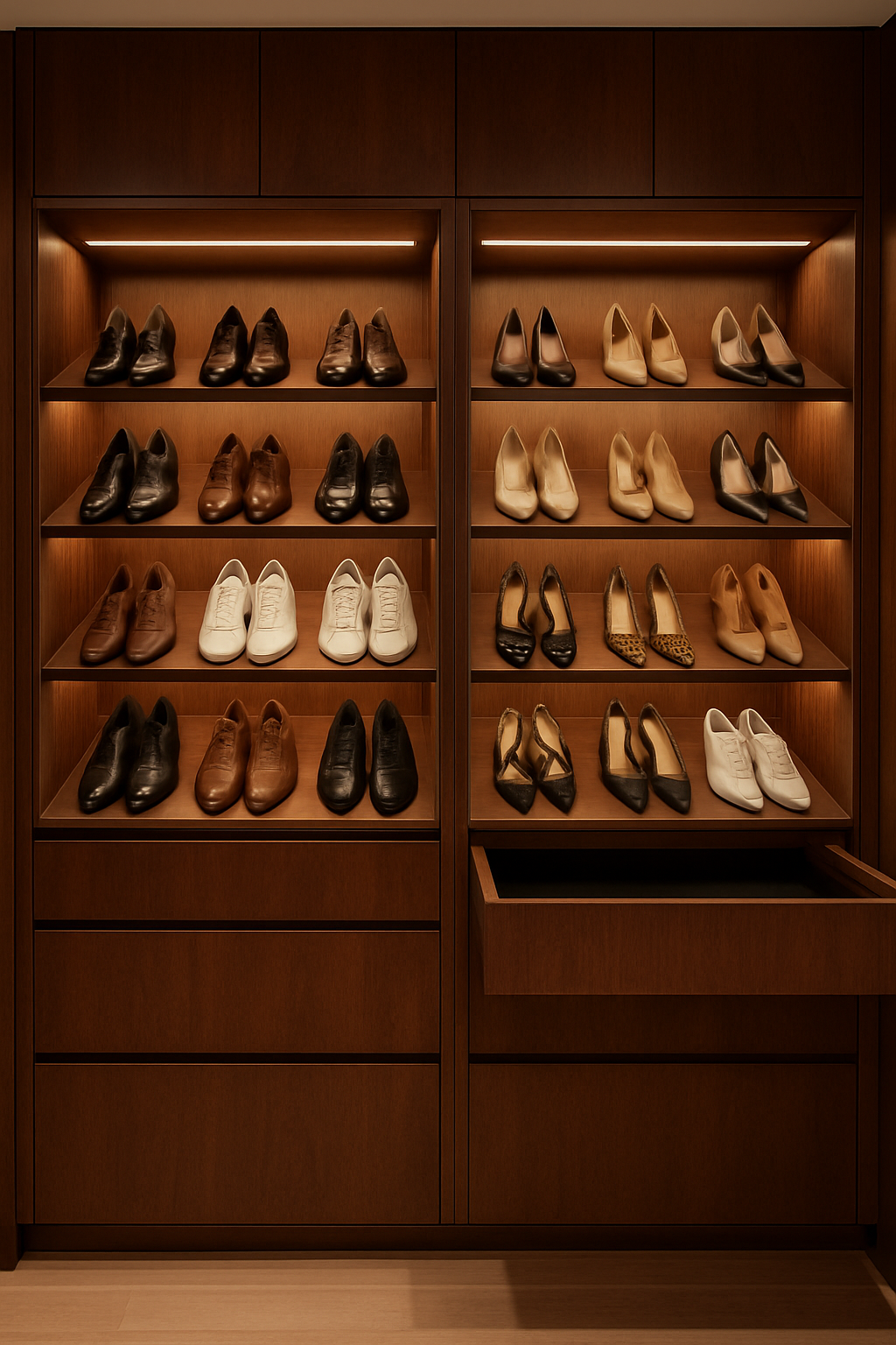 Custom shoe closet with LED lighting