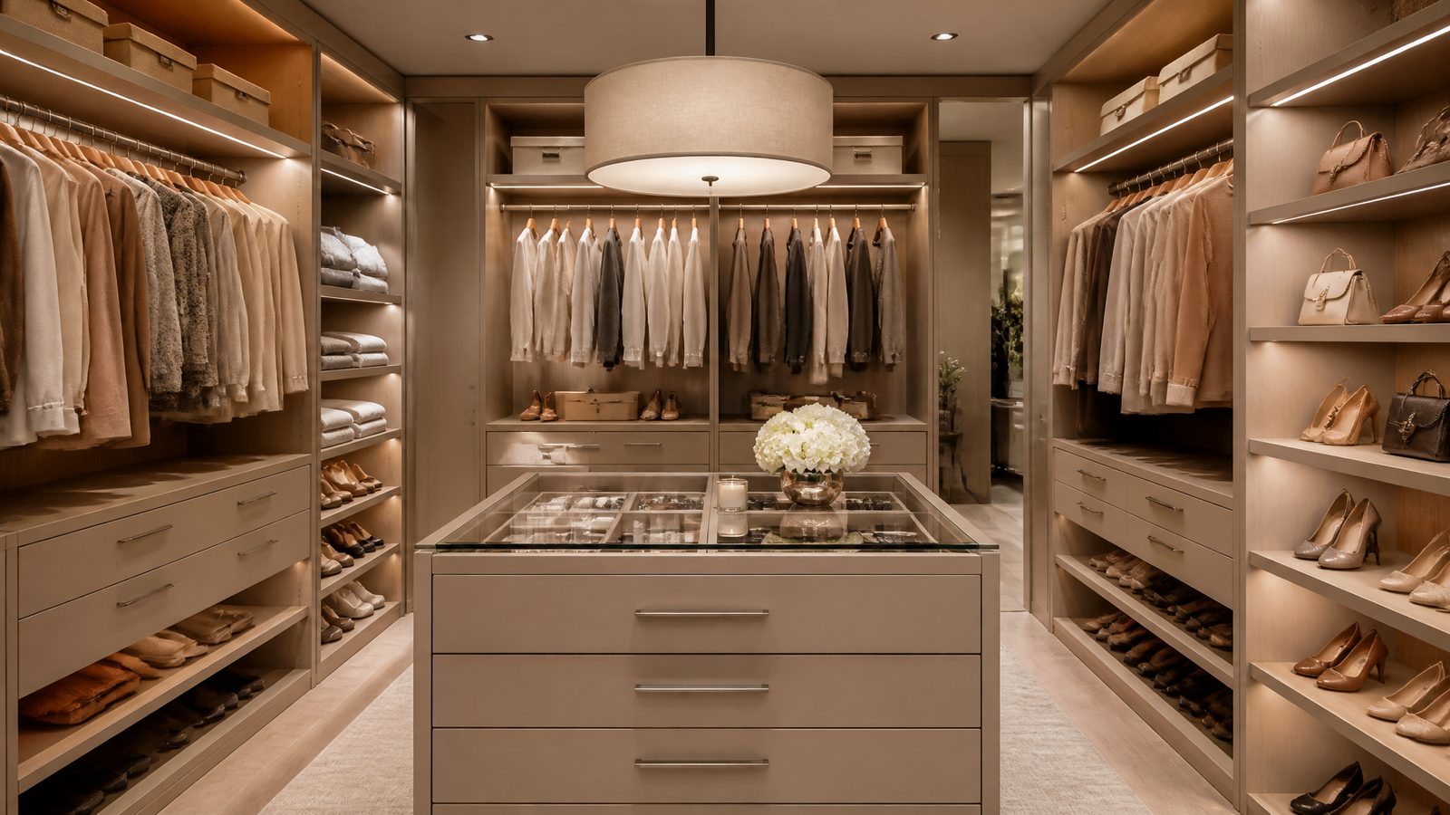 Luxury custom walk-in closet with LED lighting and island