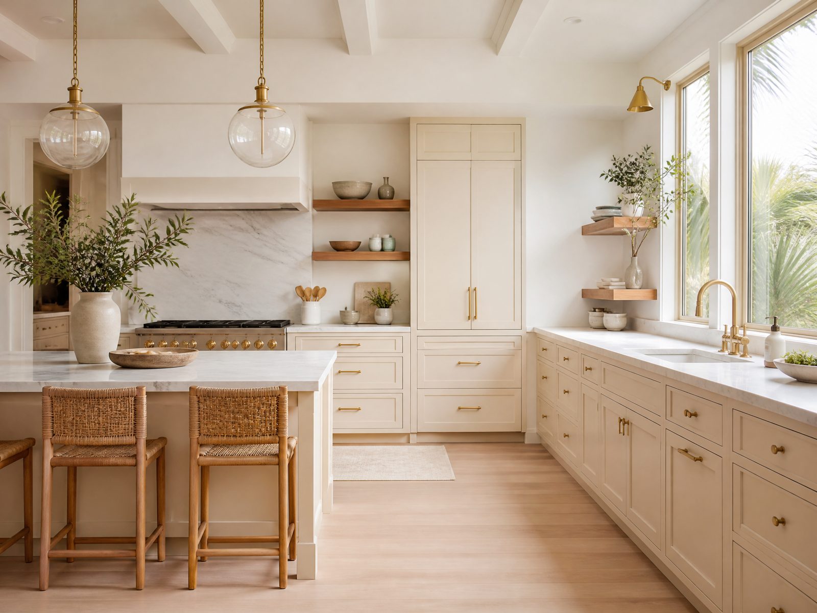 Elegant white shaker kitchen with marble countertops and brass hardware