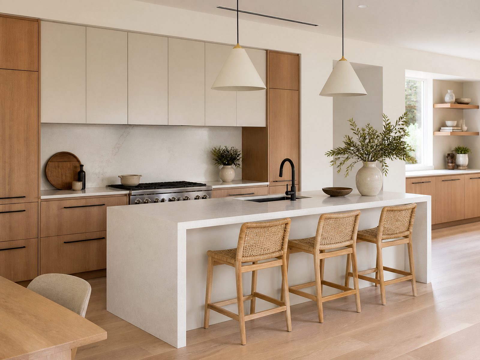 Contemporary two-tone kitchen with cream and light oak cabinetry
