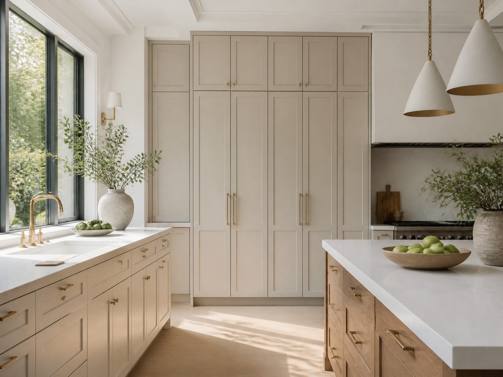 Premium kitchen with floor-to-ceiling shaker cabinetry and integrated pantry