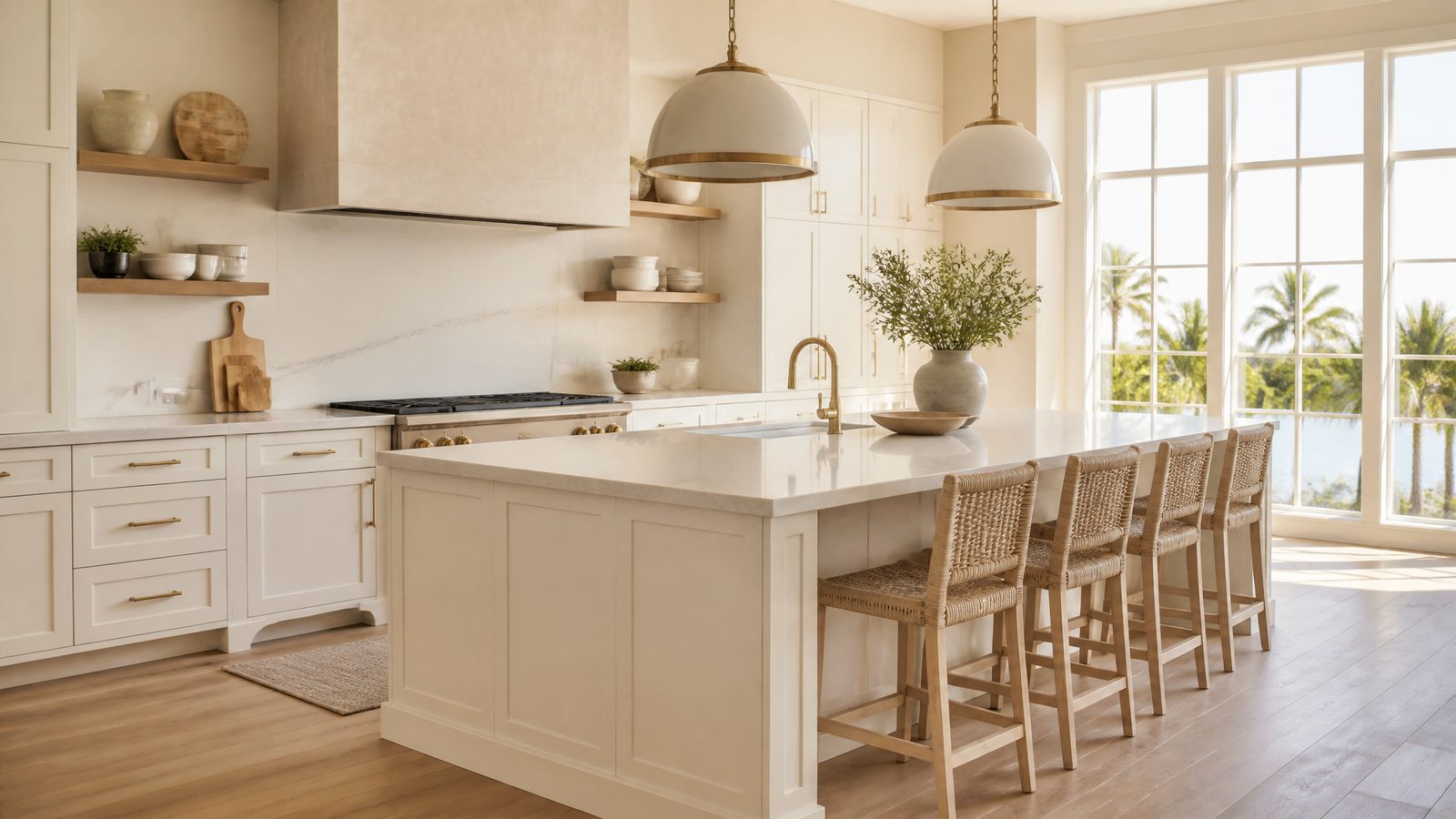 Premium custom shaker style kitchen with quartz island and warm daylight
