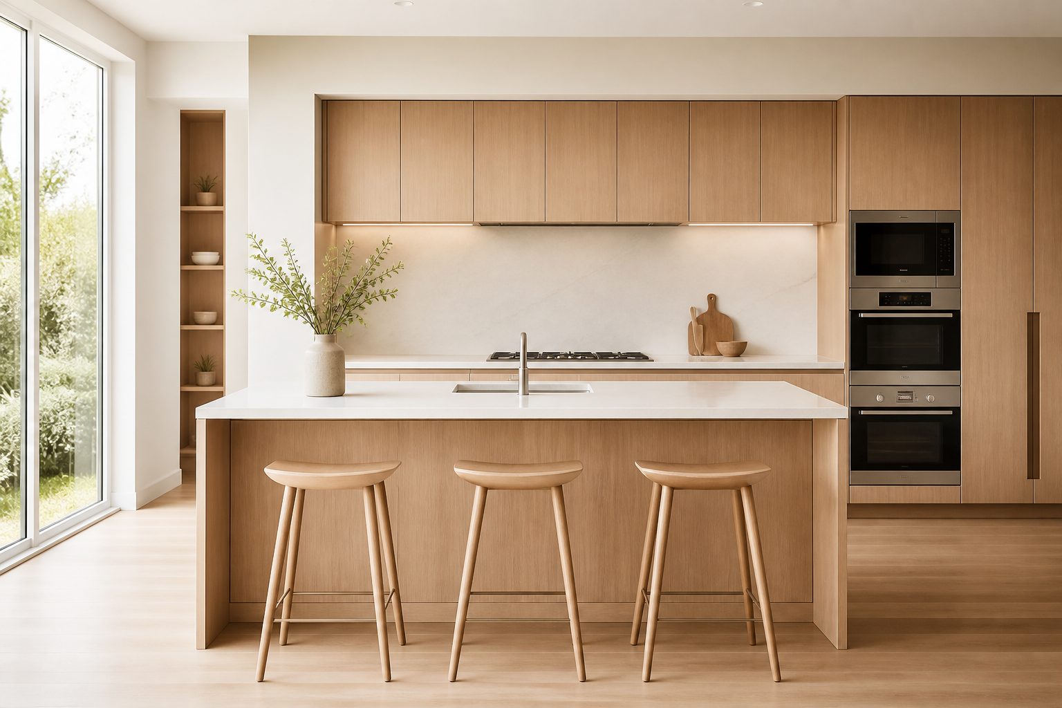 Modern handleless kitchen with pale oak veneer cabinets