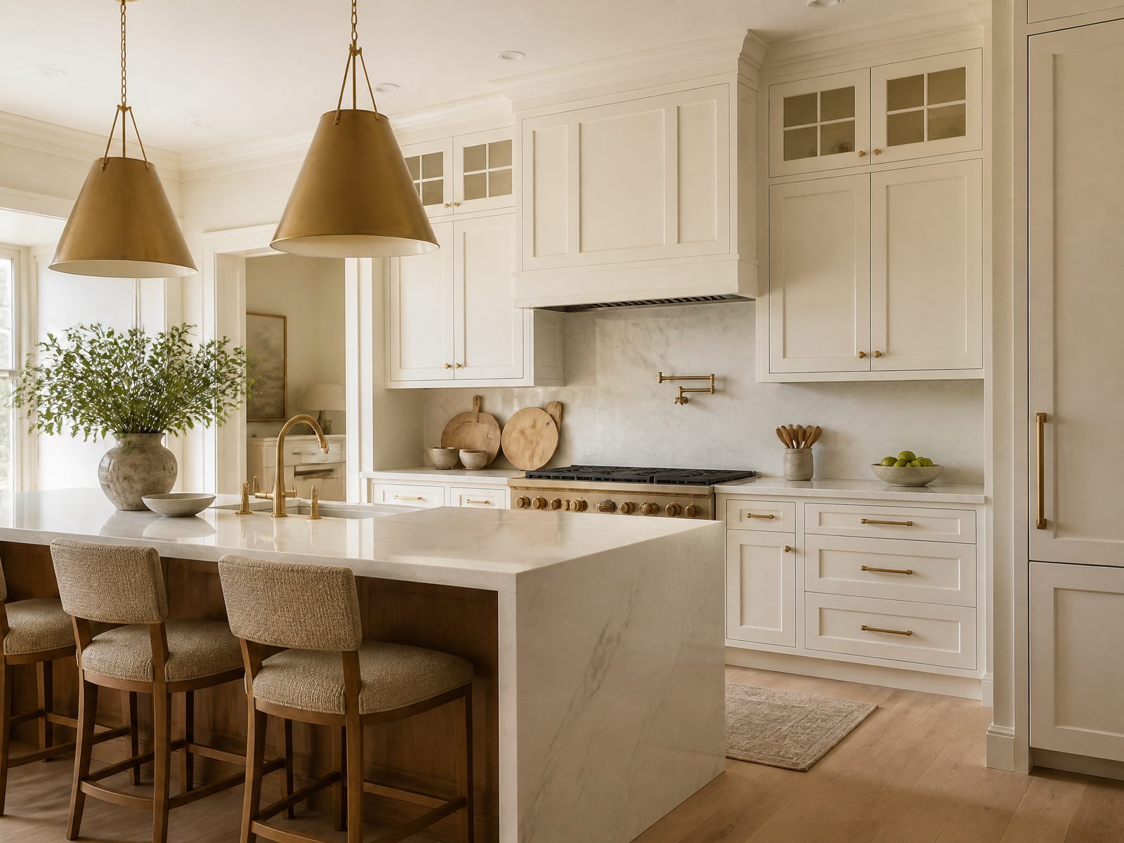 Premium shaker cabinetry with island and brass pendant lights