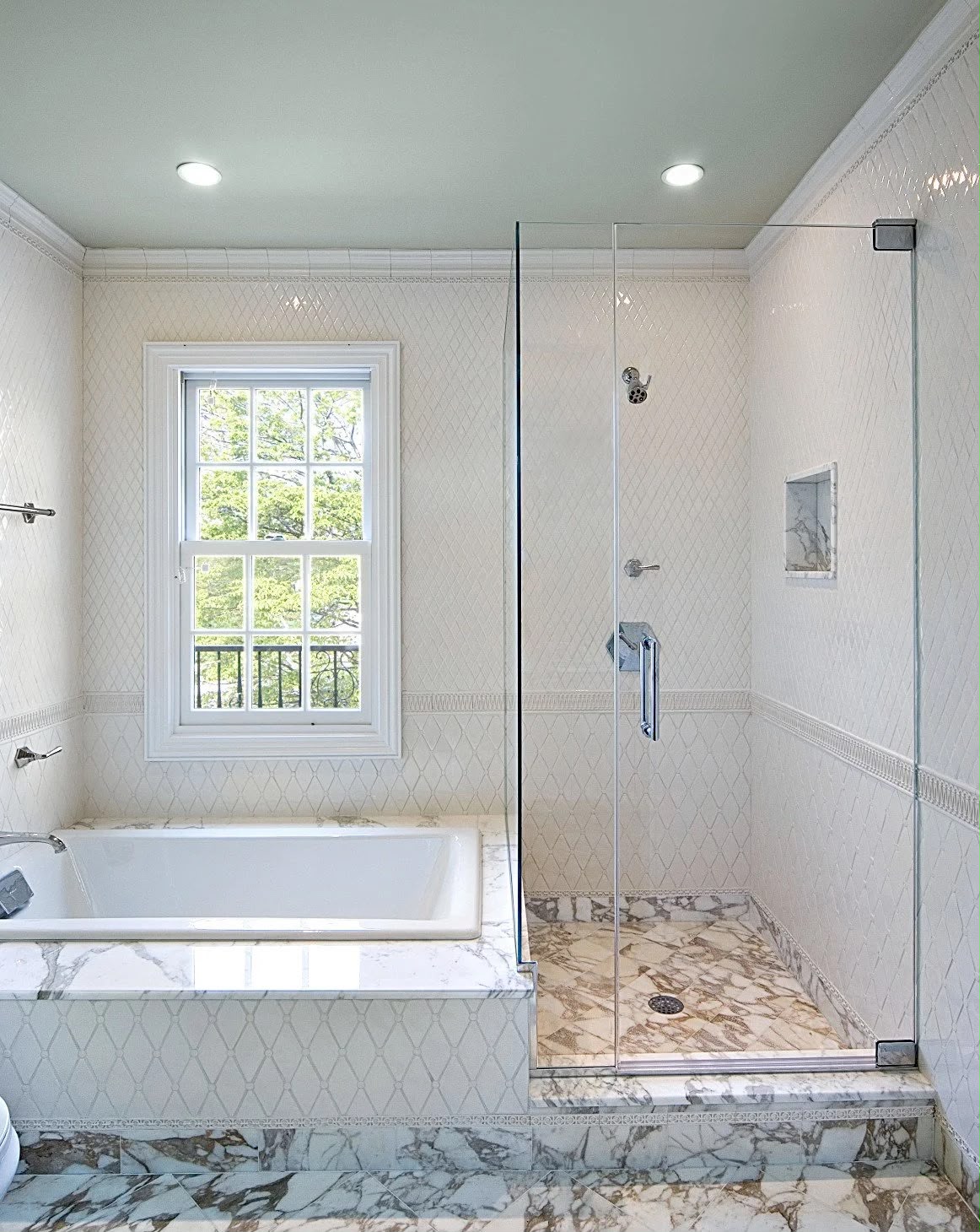 Classic bathroom with marble and diamond tile