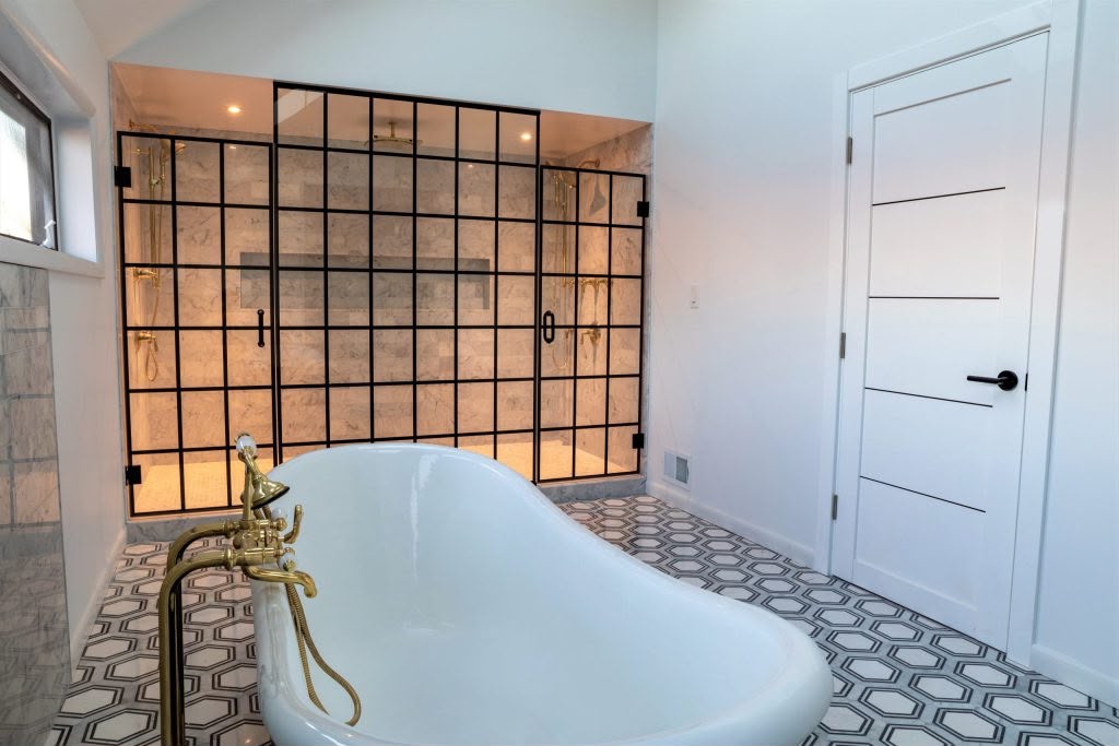 Black grid glass shower enclosure