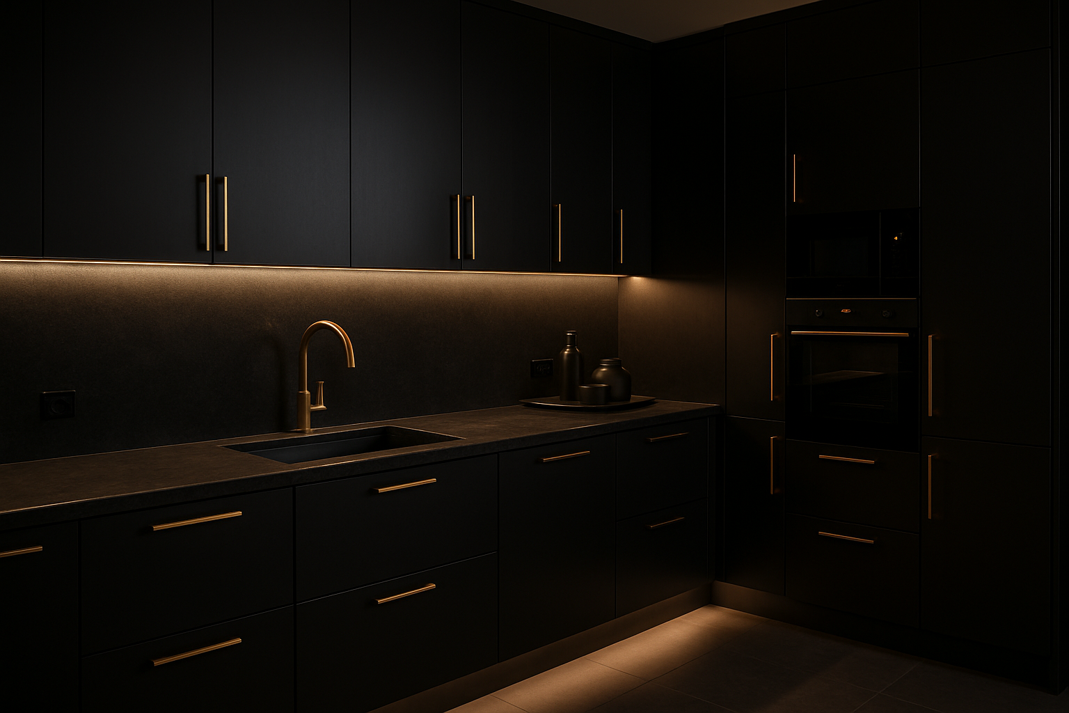 Dark black flush cabinets with gold handles