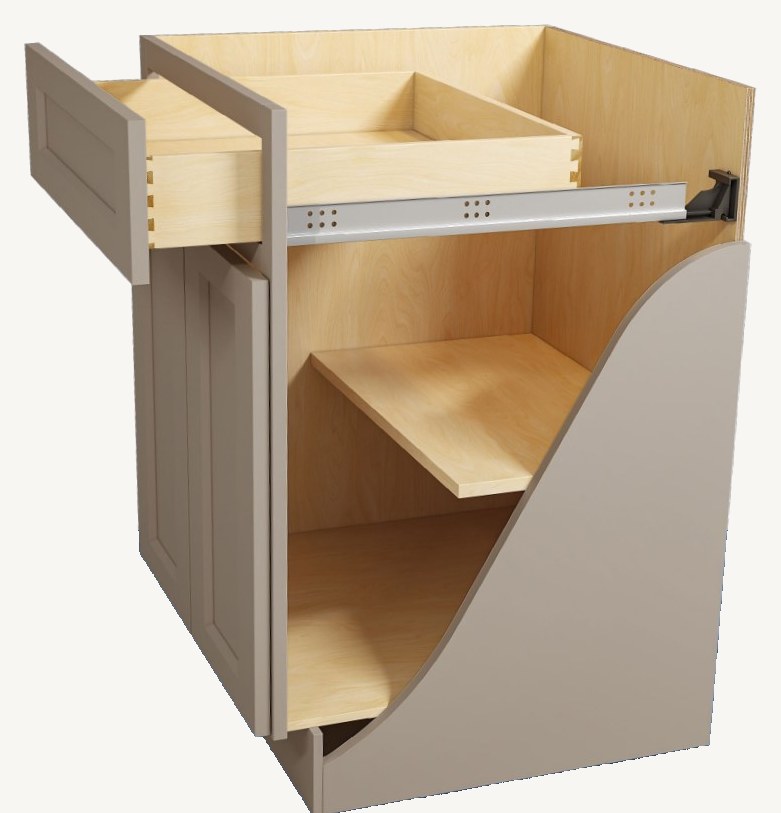 Cutaway view of cabinet interior showing plywood box, adjustable shelf and soft-close dovetail drawer construction
