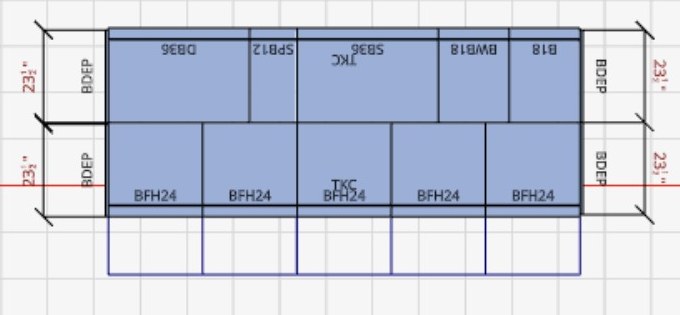 Example top-down kitchen cabinet layout sketch showing base and wall cabinets labeled with their codes and widths